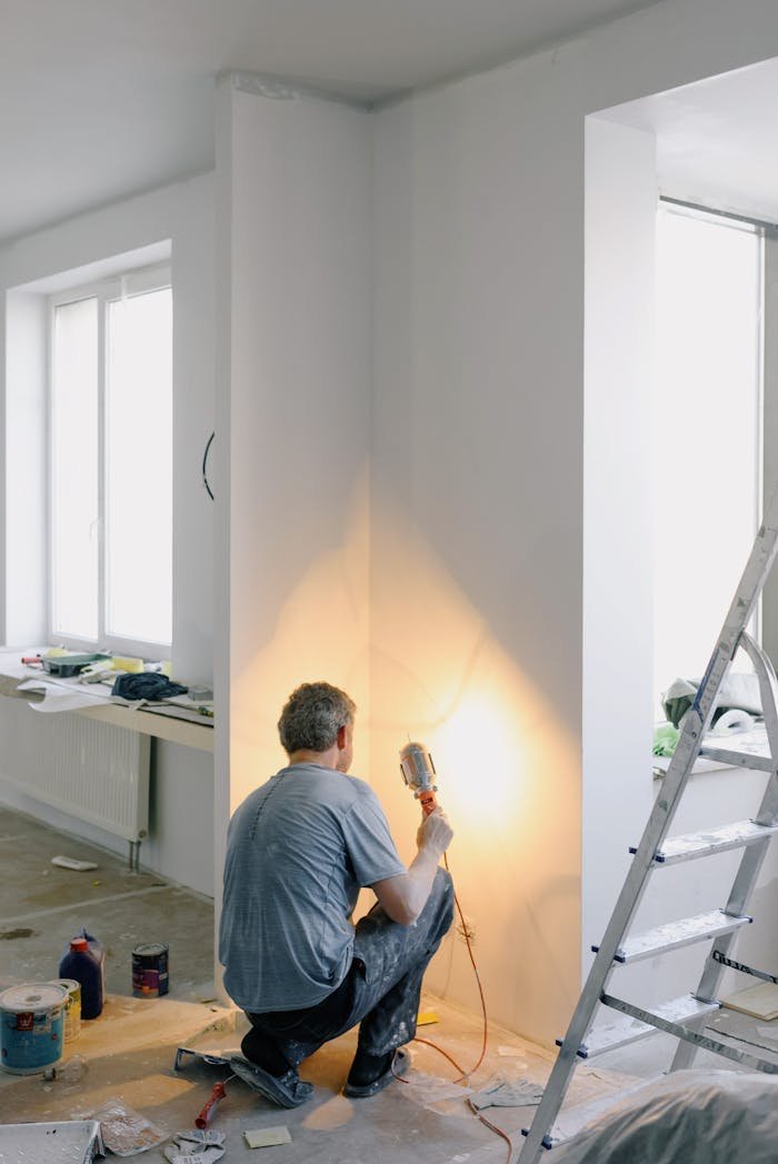 Mastering the First Impression: Your intriguing post title goes here Back view of anonymous male in dirty clothes renovating walls in home while holding lamp